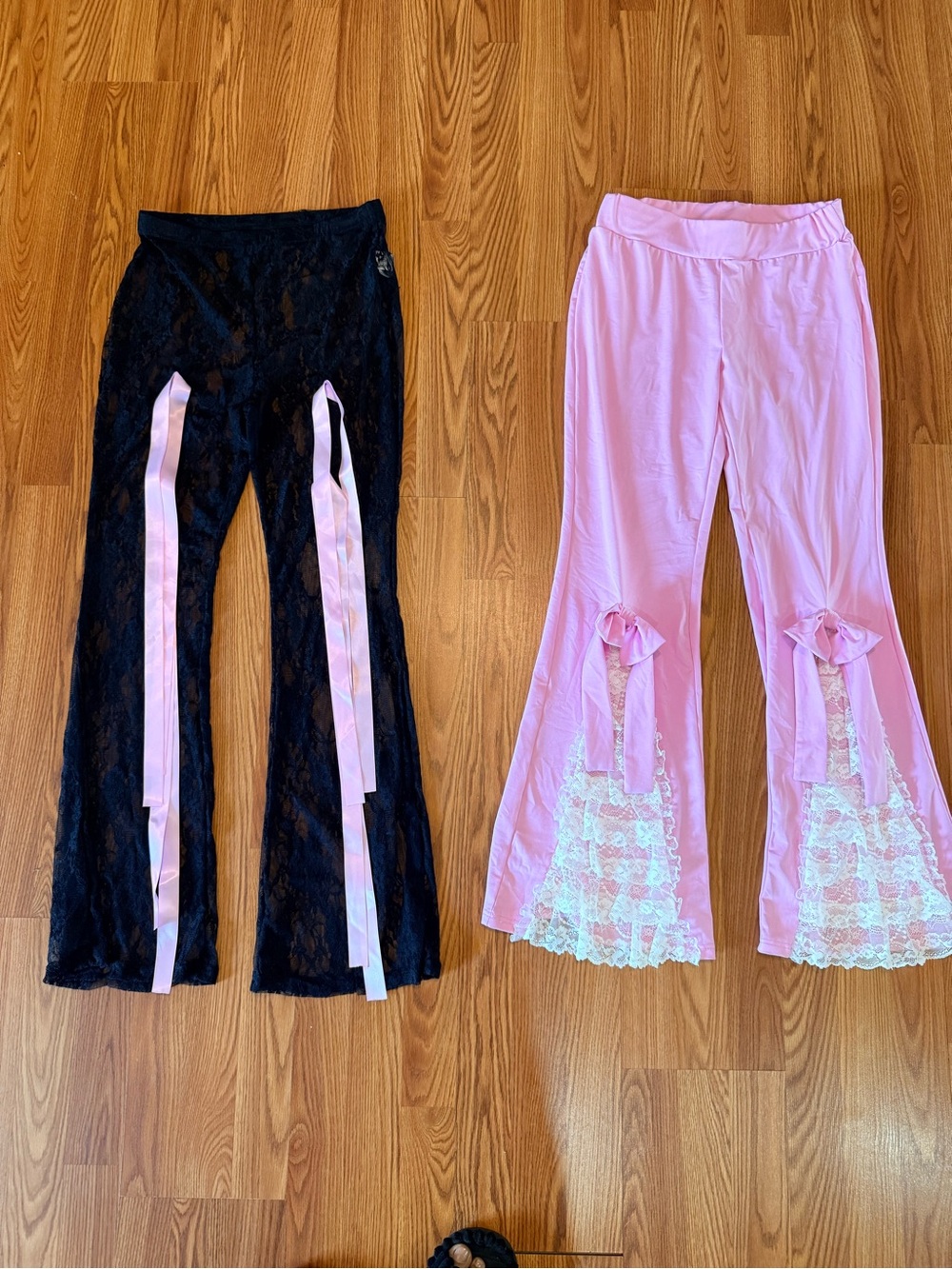 Black Lace Flared Pants with Pink Ribbon Detail and pink stretchy pants with lac